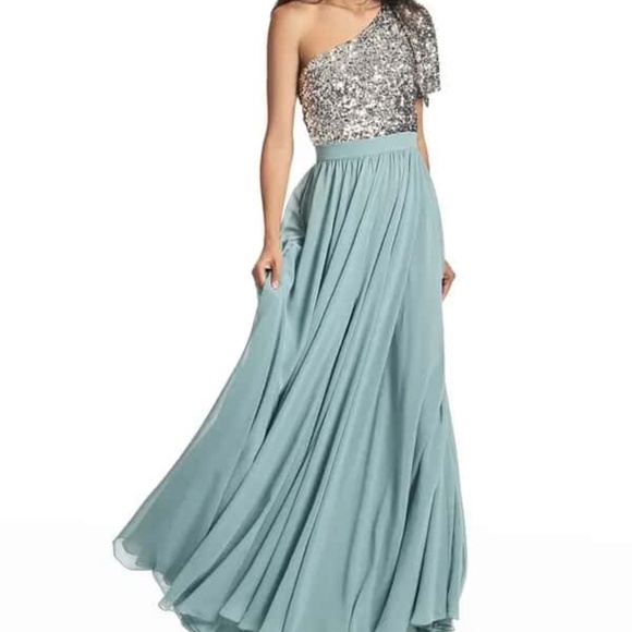 NEW Sachin + Babi Jolie Silver Steel Blue One-Shoulder Sequin Maxi Gown 4 - Picture 1 of 9